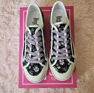 Floral Black and White Sneakers with Purple Laces